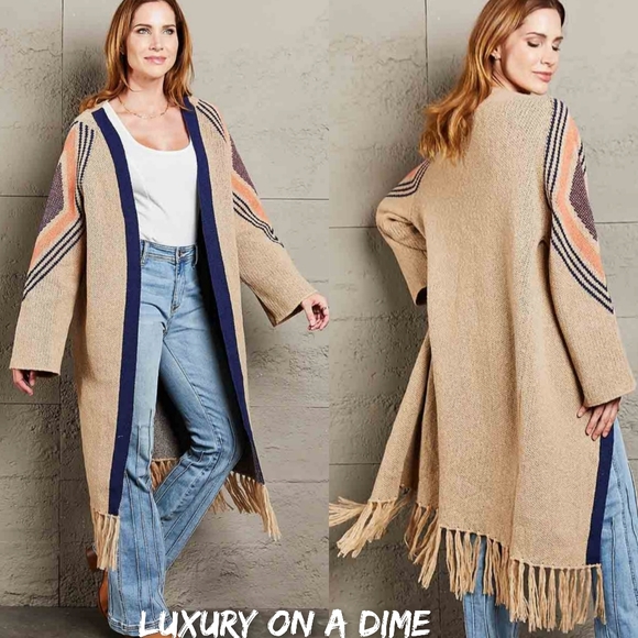 Sweaters - Fringe Retro Geometric Knit Duster Cardigan Sleeve Colorful Open Front Sweater